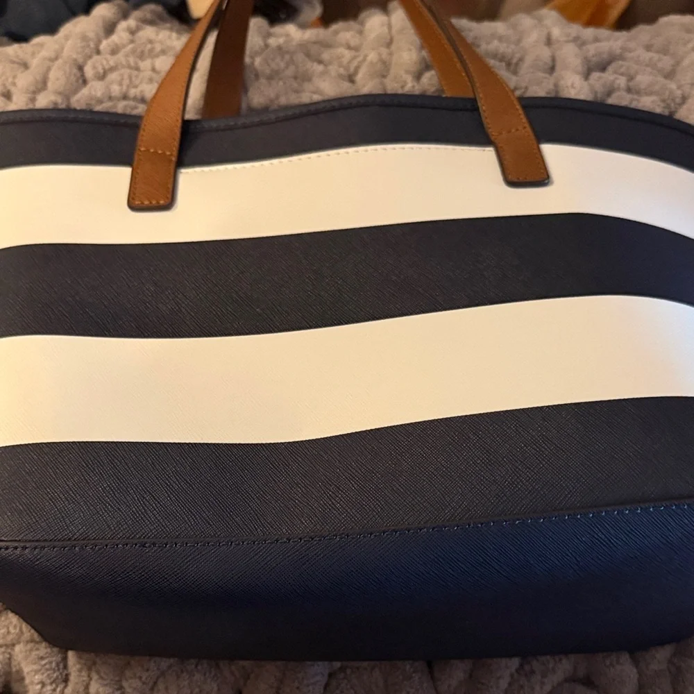 Michael Kors Navy and White Striped Tote with Brown Handles - Picture 7 of 7